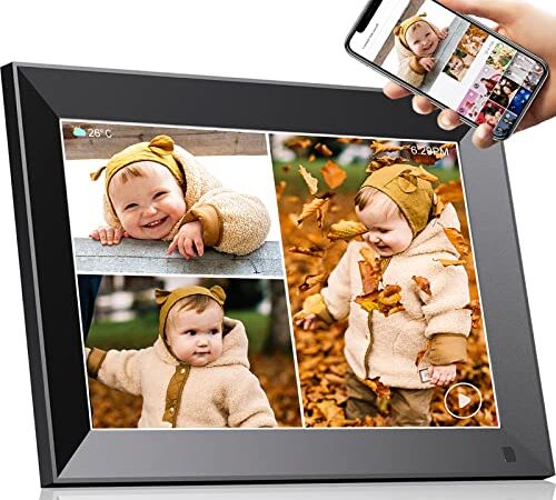 Cornice digitale WIFI 10.1 Pollici,IPS Touch Screen,condividi foto e video tramite e-mail e APP,portafoto digitale con Auto-rotazione,sensore di movimento,Calendario, Sveglia,tempo metereologico