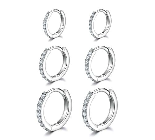 Orecchini Cerchio Argento per Donna,925 Sterling Argento Orecchini A Cerchio Piccoli Con AAA Cubic Zirconia,3 Paia Ipoallergenic Argento Huggie Sleeper Orecchini Cerchio