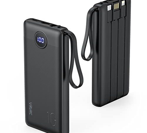 VRURC Power Bank 10000mAh con 4 cavi integrati Caricatore Portatile USB C Batteria Esterna Portatile LED Digitale Display con 4 uscite & 2 Ingressi compatibile con Huawei e Smartphone