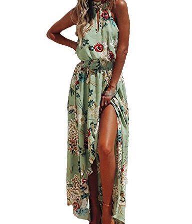 Donne Elegante Abito da Cerimonia Sera Lungo Schienale Fascia Vestito Senza Maniche Estivo Casual Floreale Fiori Fantasia Dress (S, 458-Verde Chiaro)