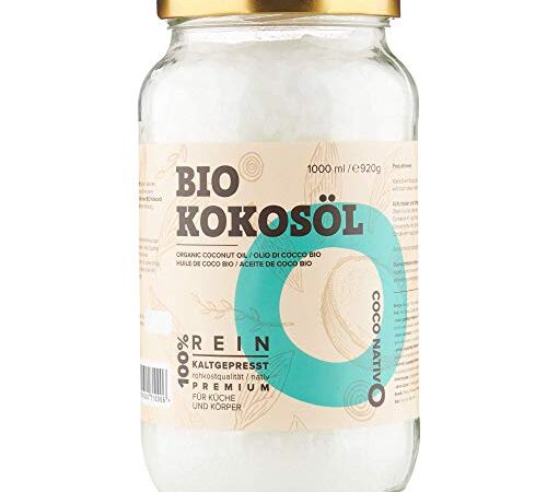 Olio di Cocco Biologico Extra Vergine CocoNativo –1000ml– Crudo e Spremuto a Freddo; Organico e Puro; Non Processato, (Bio Nativo), Ideale per Capelli, per il Corpo e ad Uso Alimentare, Non Raffinato
