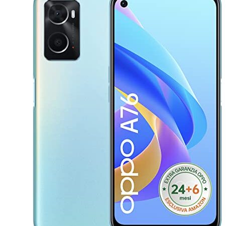 OPPO A76 Smartphone AI Doppia Fotocamera con Flash, Display 6.56” Refresh rate 90HZ LCD-HD+, 5000mAh, RAM 4GB + ROM 128GB espandibile fino 1TB), [Extra Garanzia 24+6 Mesi], Glowing Blue