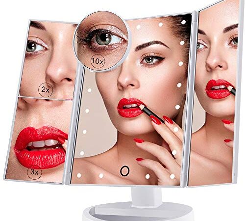 Specchio Per il Trucco Illuminato, Specchio Cosmetico per Vanità a 21 Luci a LED, Touch Screen Con Ingrandimento Triplo Ingrandimento 2X 3X 10X, Rotazione Libera di 180 °, Doppio Alimentatore Bianco