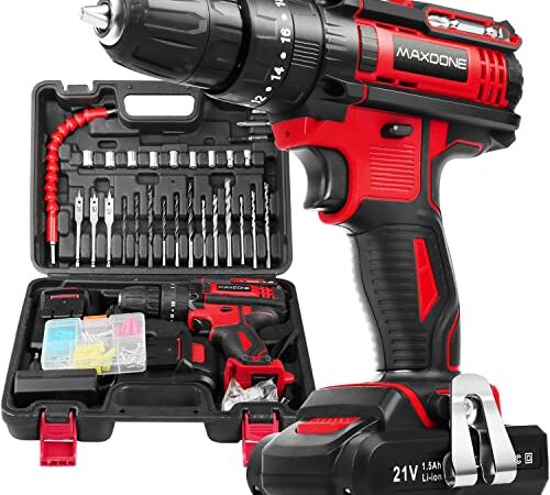 Trapano Avvitatore Batteria 21V Avvitatore Elettrico 2 Batterie 42Nm 90PZ Accessori Avvitatore a Batteria con LED Luce 2 Velocità Variabile, 18+3 livelli di Coppie
