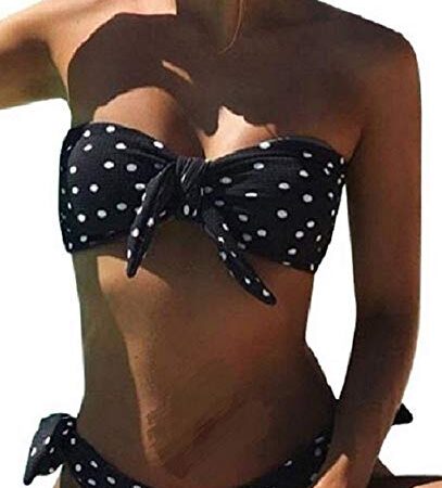 UMIPUBO Costumi da Bagno Donna Push Up Imbottito Costumi da Mare Senza Spalline Due Pezzi Bikini A Pois Spiaggia Bandeau Beachwear Swimwear (Nero, XL=Vita: 76-83cm)