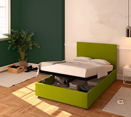 Baldiflex Letto Piazza e Mezza con Contenitore Modello Rossano in Tessuto, Rete a Doghe, per Materassi Singoli 120x200 cm, Elegante Testiera, Colore Verde
