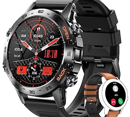 LEMFO Smartwatch, Smartwatch Uomo con Bluetooth Chiamate, 120+ Modalità Sport Orologio Smart Watch 400mAh Fitness Watch Contapassi Cardiofrequenzimetro Pressione Sanguigna per Android IOS（2 Cinghie）