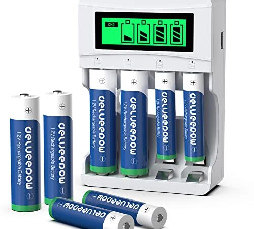 Pile Ricaricabili AA AAA, Delyeepow 4 Pezzi AA Batterie Ricaricabili 3300mAh+ 4 Pezzi AAA Batterie Ricaricabili 1100mAh, Caricabatterie a 4 Slot per Pile Ricaricabili AA e AAA NiMH