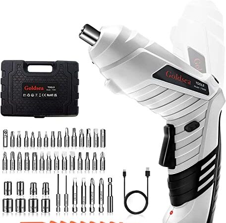 Avvitatore a Batteria Goldsea 4.2V 1.3Ah 3.5Nm Trapano Avvitatore Elettrico con 47 set di Accessori, Cacciavite Elettrico a 2 Direzioni di Rotazione (90° a 180°),uci a LED, Cavo USB
