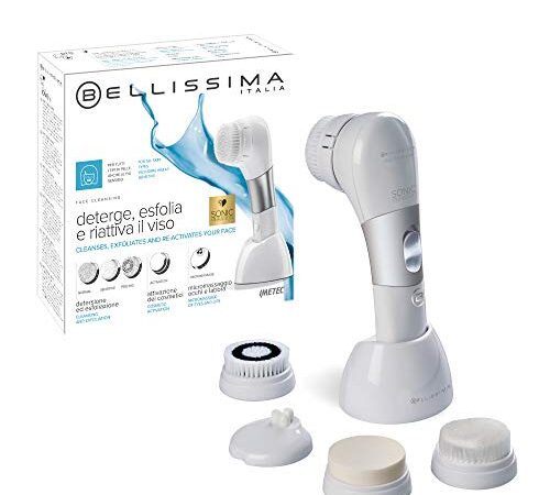 Bellissima Imetec Face Cleansing Spazzola per Pulizia Viso, Deterge ed esfolia la pelle, Kit con 5 testine intercambiabili, Tecnologia a vibrazione sonica, Impermeabile, Beauty Bag inclusa