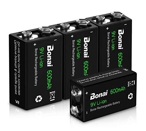BONAI 9V Batteria Ricaricabile 600mAh Li-ion Pre-caricate Pile Ricaricabili 9V da 1200 cicli Senza l'Effetto della Memoria Anche è Auto-Scarica Bassa Confezione da 4 Pezzi