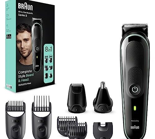 Braun Regolabarba Tagliacapelli Uomo, Rasoio Elettrico Barba e Capelli, 8-In-1 Styling Kit Ideale Per Barba, Capelli, Naso e Orecchie, 80 Minuti Di Utilizzo Senza Fili, MGK3441