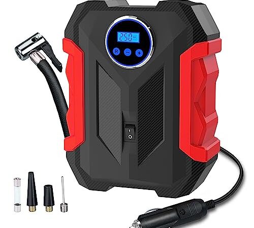 CaRSun Compressore Aria Portatile,Compressore Auto 12V,Compressore Portatile Per Auto 150PSI Con Manometro Pneumatici E Luce LED,Red