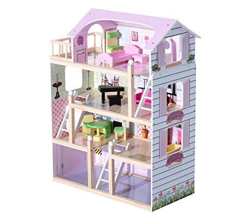 HOMCOM Casa delle Bambole a più Piani in Legno con Accessori, Rosa, 60x30x80cm