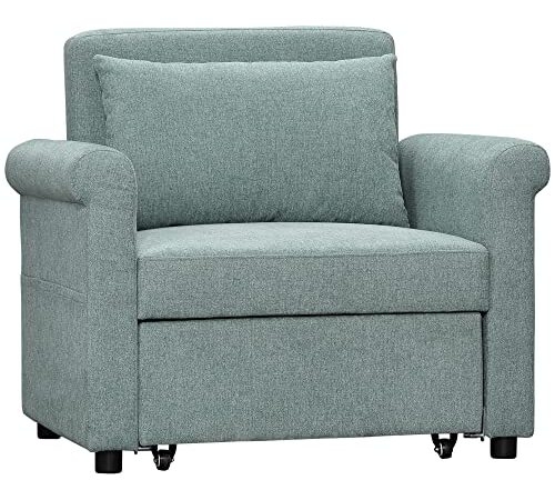 homcom Poltrona Letto Singolo con Schienale Regolabile in 4 Posizioni, Tessuto Traspirante Effetto Lino e Seduta Imbottita, 96x84.5x87.5 cm, Verde
