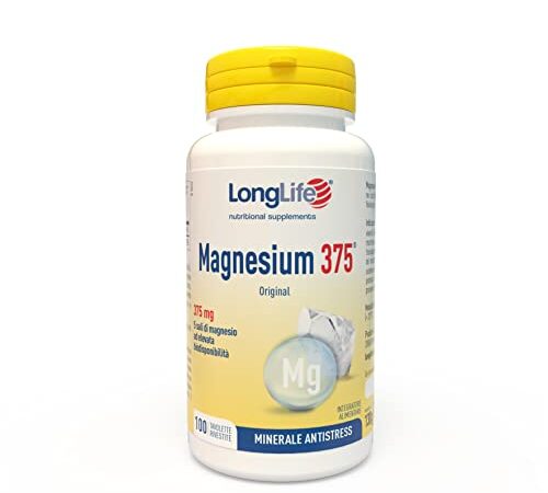 LongLife Magnesium 375® | 5 sali di magnesio | Alto dosaggio | Integratore magnesio antistress | 100 tavolette rivestite | Oltre 3 mesi di trattamento | Senza glutine