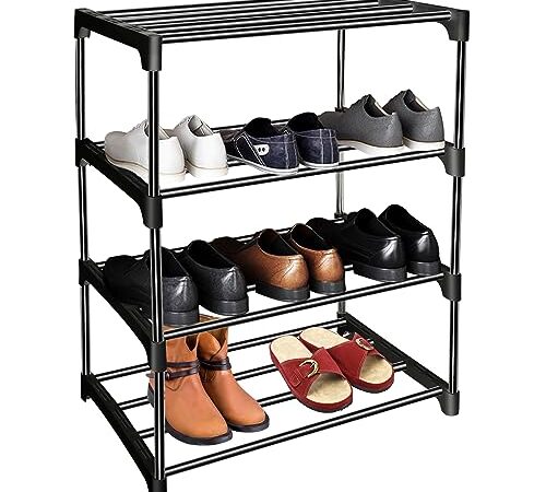 Magrimaxio Scarpiera a 4 Livelli, Impilabile Scaffale Portascarpe in Metallo, Scarpiera Salvaspazio per 12 Paia di Scarpe, Organizer Scarpe Ripiano per Soggiorno, Corridoio, Camera da Letto (Nero)