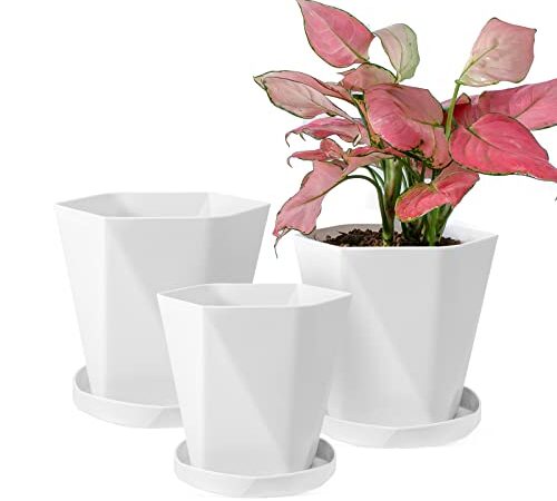 SUN-E Vasi per piante da interno Vasi per fiori 19,5/16,5/13CM Set di 3 vasi per piante da esterno con fori di drenaggio e piattini Idea regalo decorativa moderna (Bianco perla)