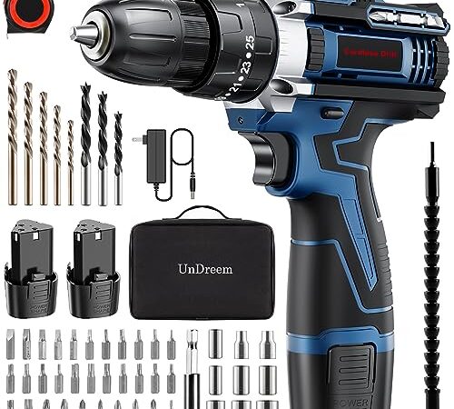 Trapano Avvitatore Batteria 12V X 2, Con Funzione a Percussione, 25+3 livelli di coppia e di funzionalità, 52 Accessori