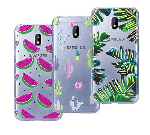 VemMore 3x Cover Samsung Galaxy J5 2017 Silicone Trasparenti Custodia con Disegni Trasparente Case Caso Gel Gomma TPU Morbido Ultra Slim Sottile Antigraffio Protettiva - Foglie Verdi, Anguria e Cactus