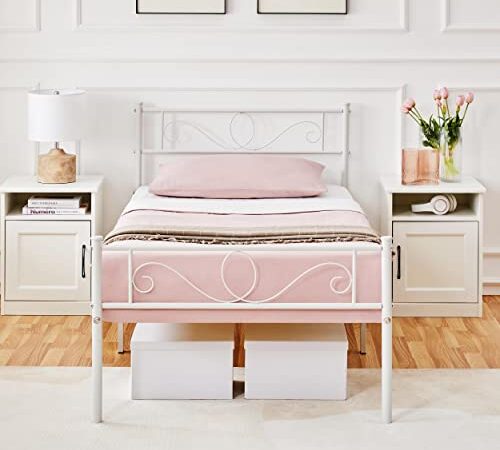 Yaheetech Letto Singolo in Ferro Battuto a Doghe Struttura Letto in Metallo 90 x 190 cm Stile Rustico Moderno Testiera Elegante Portata 136 kg Bianco