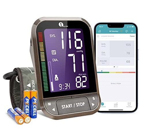 1 BY ONE Misuratore di Pressione da Braccio Digitale Bluetooth APP per iOS e Android, Sfigmomanometro Monitor Wireless con Grande Bracciale 22-42 cm, Esporta dati come Excel, 4 Batterie incluse