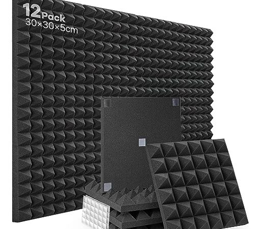 Pannelli Fonoassorbenti Piramidali 12 Pezzi Pannelli Insonorizzanti con 60 Adesivi Biadesivo, Riducono il rumore interno Pannello Acustico per Podcasting/Studi di Registrazione/Uffici 30×30×5cm
