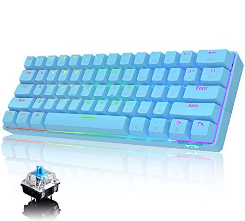 Tastiera meccanica 60% cablata/senza fili Bluetooth 5.0 Dual-mode Tastiera 61 tasti RGB Rainbow LED retroilluminato USB Type-C Tastiera da gioco impermeabile Tasti anti-ghosting (interruttore blu/blu)
