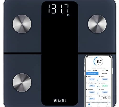 Vitafit Bilancia Pesapersone Professionale, Bilancia Impedenziometrica Bluetooth con App, Bilancia Pesa Persona Digitale con Misura Peso Corporeo, Massa Grassa, BMI, Massa Muscolare, Massa Ossea, Nero