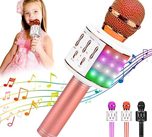 ShinePick Microfono Karaoke, 4 in 1 Bluetooth Wireless Microfono con LED Lampada Flash, Portatile Karaoke Player con Altoparlante per Android/iOS, PC e Smartphone(Oro Rosa)