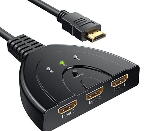 GANA HDMI Switch 3 In 1 Out Sdoppiatore HDMI Splitter,Supporta HD 1080p 3D Switch HDMI per HDTV/Xbox/PS3/PS4/Apple TV/Fire Stick/BLU-Ray/DVD-Player Selettori Audio Video (con Cavo)