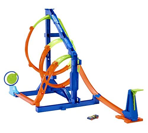 Hot Wheels - Vortice Estremo, pista adrenalinica con 1 macchinina giocattolo, 2 diverse sfide sul circuito a spirale e spazio per riporre la pista, Giocattolo per Bambini 6+ Anni, HMX41