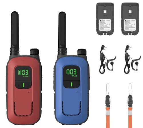 Radioddity PR-T3 Walkie Talkie Bambini Ricaricabile Walkie-Talkie a Lungo Raggio per 3-12 Anni Con 16 Canali PMR Senza Licenza, Ricarica USB, Cuffia per Campeggio e Escursionismo (Rosso/Blu)