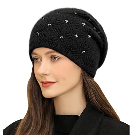 Adigaber Donne Slouchy Berretti Lungo Caldo Elegante Beanie Cappelli Invernali con Pregiata Decorazione di Strass Taglia Unica