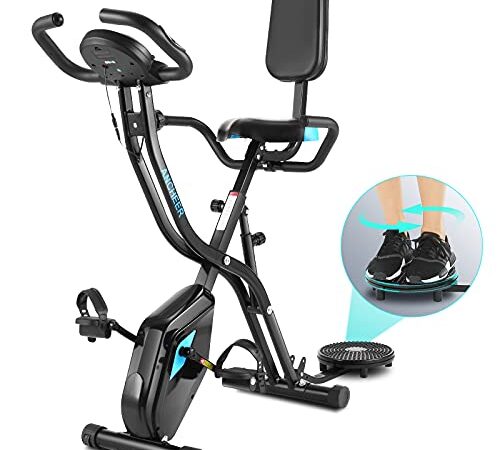 ANCHEER Cyclette Bike Pieghevole Fitness con Corda Elastica e Ruotare il Disco,10 Livelli di Resistenza Regolabili,Display LCD, Rilevamento Della Frequenza Cardiaca,Supporto per Telefono e Tablet.