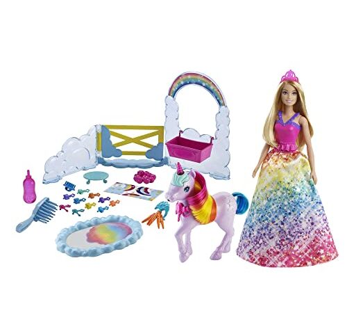 Barbie Dreamtopia Playset Unicorno con Barbie Royal, unicorno con effetto cambia-colore e 18 accessori, regalo per bambini da 3 a 7 anni, GTG01