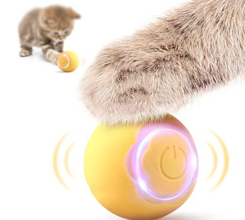 Baytion Gioco Gatto Interattivo Palla Giocattolo per Gatti in Casa Intelligente Rotolante Automatica, con 2 Modalità, Luci a LED Mutevoli, Ricaricabili di Tipo C per gatto e cucciolo, Giallo