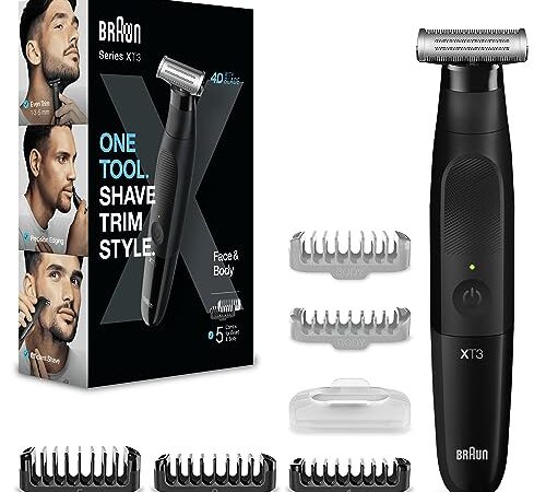 Braun Regolabarba Uomo e Rasoio Elettrico Barba E Capelli Series X, Testina Flessibile Con Lama 4D A Due Direzioni E Protezione SkinShield, 45 Minuti Di Utilizzo Senza Fili, Idea Regalo, XT3200