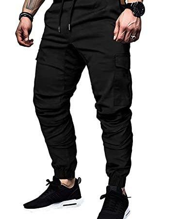 Elegancity Pantaloni Cargo Nero Uomo Pantaloni Chino da Uomo 6 Tasche Jogging Pants con Elastico in Vita M