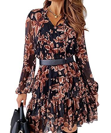 Geagodelia Abito Donna Casual a Maniche Lunghe Vestito Donna Corto Vintage a Fiori con Scollo a V e Vita Alta con Ruches Abito Elegante per Autunno Primavera (Marrone, M)