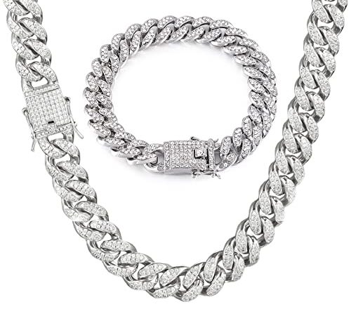 GIHENHAO Mens Cuban Link Chain 13MM Oro Argento Bling Miami Cubano Collana Diamante per gli uomini Iced-Out Hip Hop Gioielli Regalo per gli uomini(20inch+8.3inch)