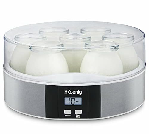 H.Koenig Yogurtiera 7 vasetti, Capacità 7 x 160 mL, Programmabile fino a 15h, Display LCD, Corpo in acciaio inox, Lavabile in lavastoviglie, Spegnimento automatico, Potenza 15 W