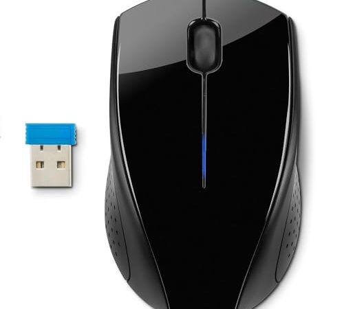 HP 220 Mouse Wireless, Tecnologia LED Blu, Sensore Ottico da 1300 DPI, 3 Pulsanti e Rotella di Scorrimento Integrata, Impugnature Pratiche e Funzionali, Ricevitore Nano Incluso, Nero