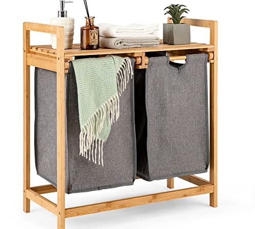 LIFEZEAL Cesto Portabiancheria con 2 Scomparti Estraibili in Bambù, Porta Biancheria Sporca per Bagno Salvaspazio, Mobile Biancheria Sporca, 64 x 33 x 73 cm, Grigio