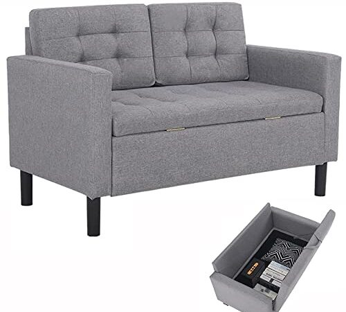 Mingone Divano 2 Posti Poltrona Salotto Moderno con Spazio di Archiviazione Piedi Affusolati Tessuto di Lino Rimovibile Divano Per il Tempo Libero 63 x 118 x 76 cm (Grigio)