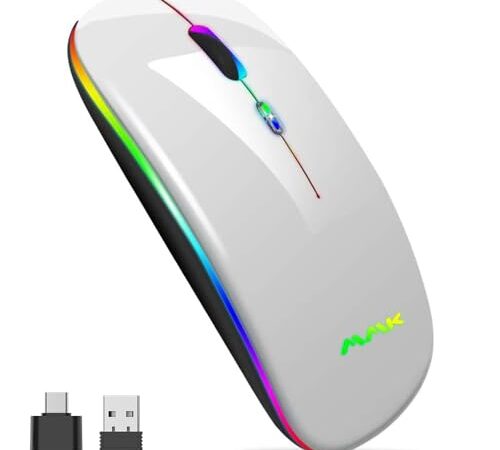 Mouse sottile (Bluetooth 5.0 e wireless 2.4G), USB ottico portatile 2.4G LED a doppia modalità , ricaricabile, per laptop, PC, Mac OS, Android, Windows (Grigio)