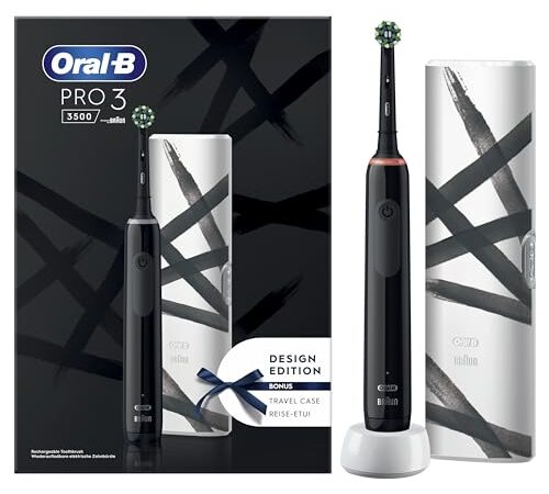 Oral-B Spazzolino Elettrico Ricaricabile Pro 3 3500N, Sensore di Pressione Luminoso, Batteria a Lunga Durata, 1 Testina, 1 Spazzolino Elettrico, 1 Custodia Viaggio, Nero, Idea Regalo