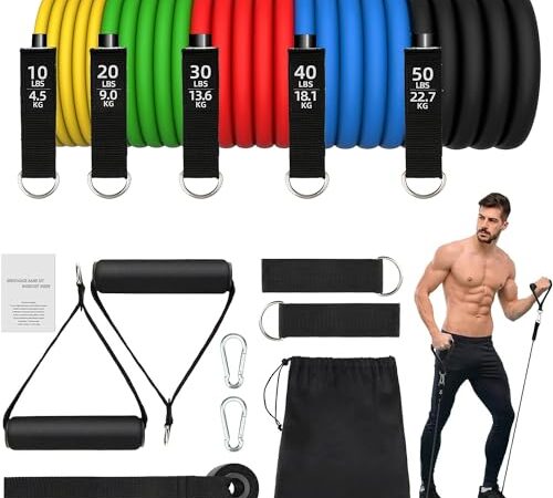 Set Elastici Fitness di Resistenza 5 Bande Elastiche Elastici da Pilates Elastico Fitness Set Fasce di Resistenza Estensori per Pettorali Uomo 150LB per Fisioterapia, Yoga, Pilates - 11 Pezzi