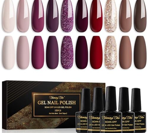 Shining She Smalto Semipermanente,10 Colori Beige Rosso Scuro Marrone Viola Scuro Oro Glitter Smalto Semipermanente Unghie,Smalti per Unghie Gel UV/LED,Autunno e Inverno Manicure Art,8ML