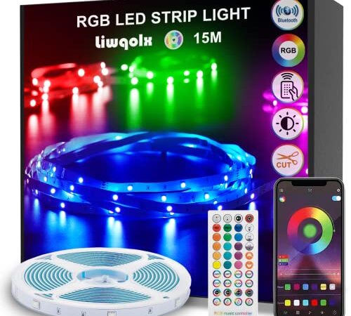 Striscia LED 15 Metri, Bluetooth RGB Smart 15M con Telecomando, App Controllato, Cambia Colore con la Musica, Luci LED Colorate per Casa, Decorazioni, Cucina, Bar, Festa